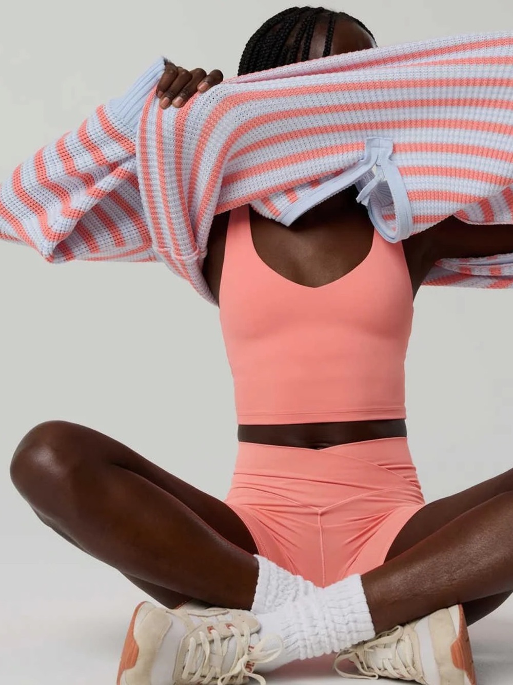 Aerie Real Me Wild Peach Longline Sports Bra & 5” Crossover Bike Shorts Set